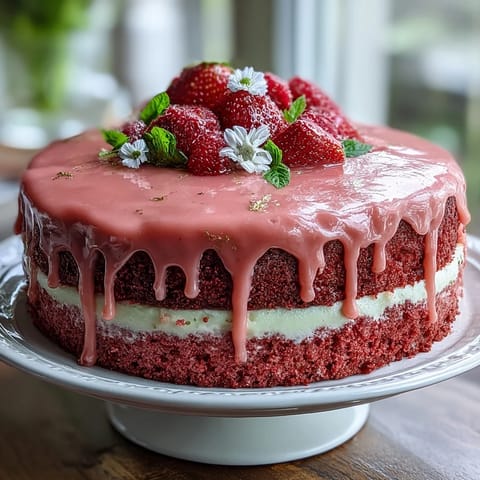 Bridal Shower Rosé Velvet Cake: elegant blush layers with shimmering gold drip.
