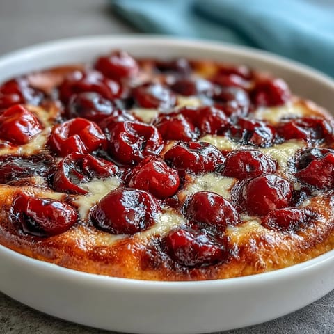 Warm Fresh Cherry Clafoutis, golden brown with tender cherries and vanilla aroma.