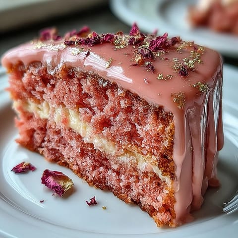 Elegant bridal shower rosé velvet cake with delicate gold drip.