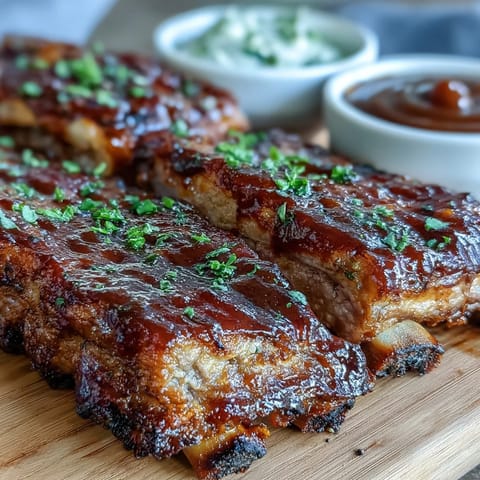 Tender, smoky Father's Day BBQ Rib Board with honey, chipotle, and maple sauces.