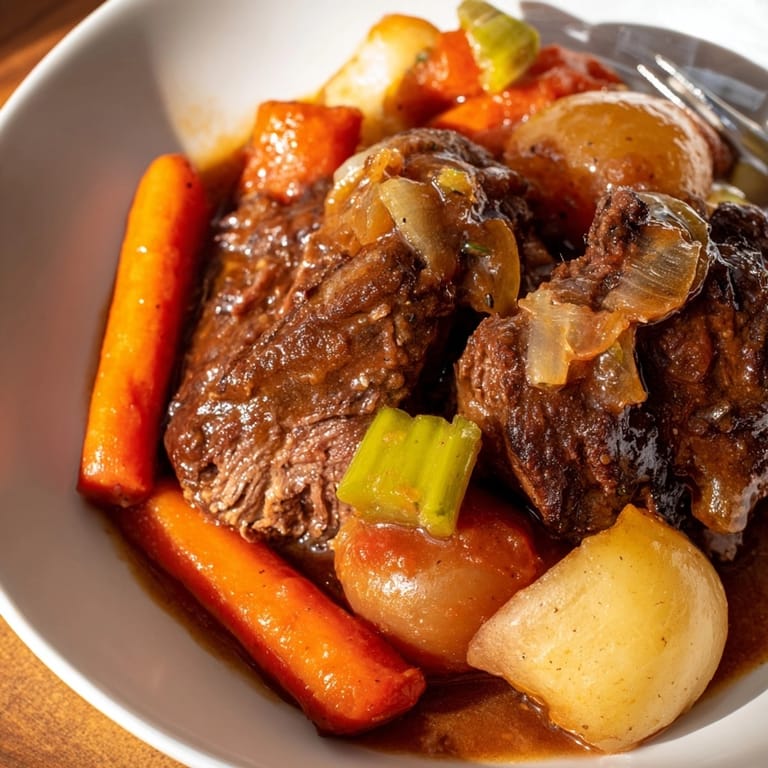 Fork-tender Braised Beef with Root Vegetables gleaming, ready to serve in a rustic Dutch oven.