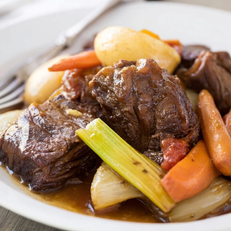 Warm and comforting Braised Beef with Root Vegetables recipe featuring hearty carrots, potatoes, and parsnips.