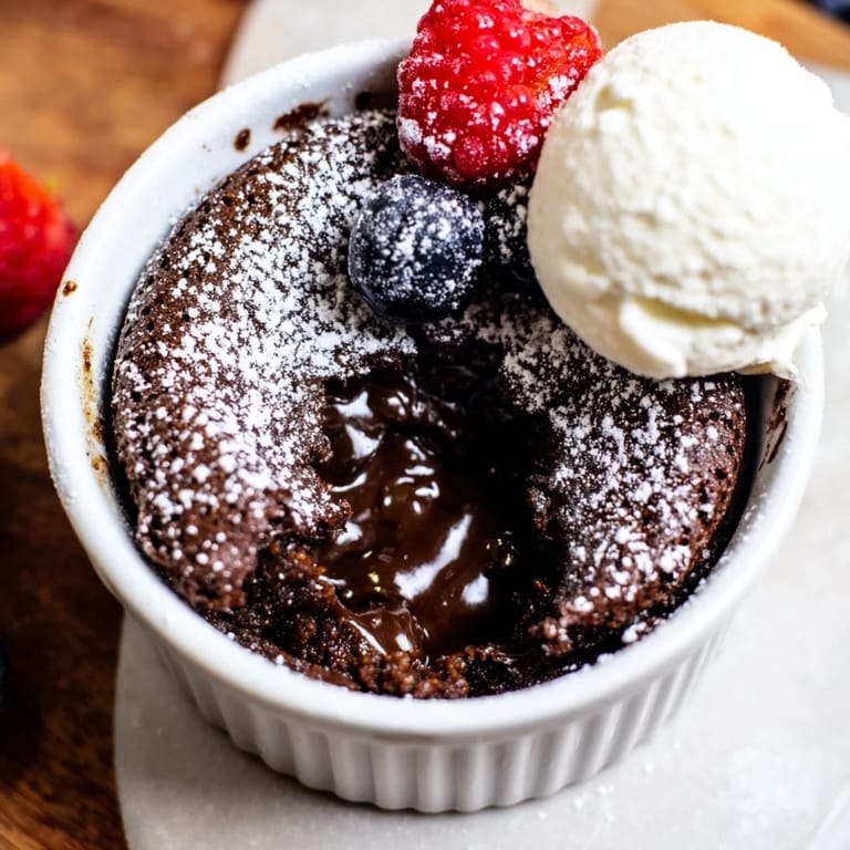 Gooey chocolate lava cakes nestled in ramekins, topped with fresh berries and dusted sugar.  