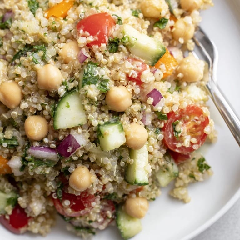 Fresh ingredients combine in this quinoa salad with chickpeas and zesty avocado dressing.  
