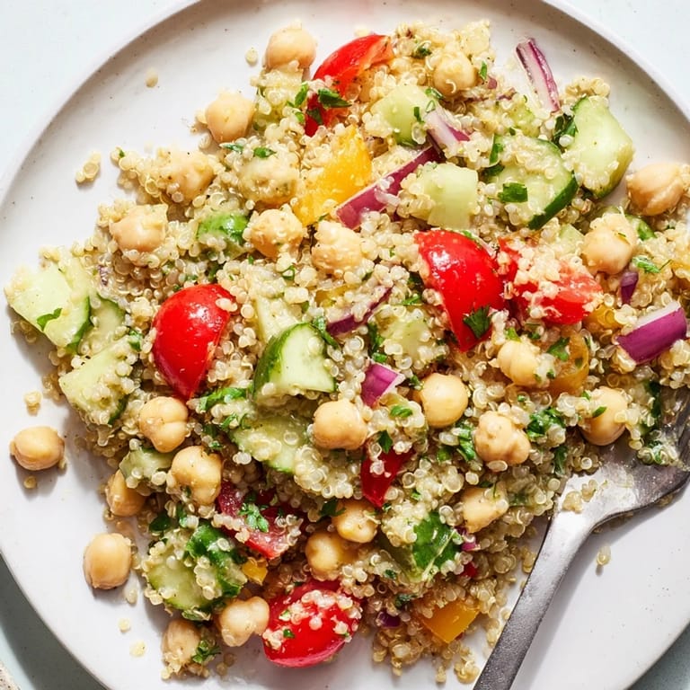 Vibrant quinoa salad featuring chickpeas and avocado dressing, perfect for light lunches.