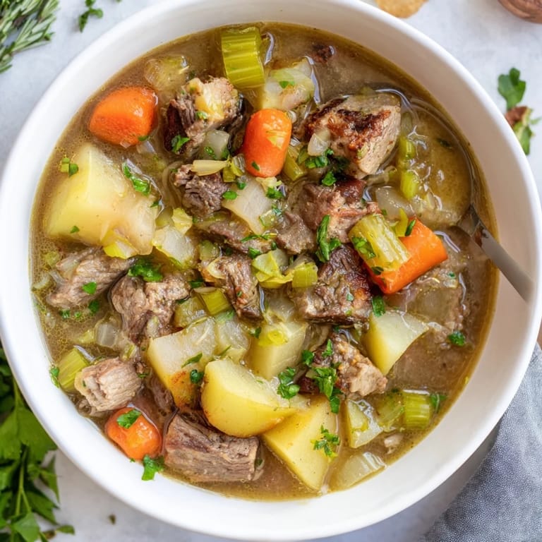 Hearty slow cooker herb lamb stew simmered to perfection, garnished with parsley.