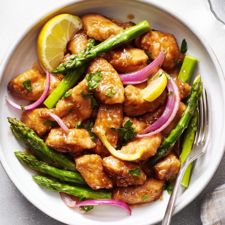 Delicious One-Pan Lemon Garlic Chicken with Asparagus, perfectly baked with vibrant lemon flavor.  