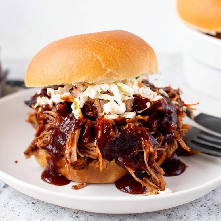 Smoky, flavorful pulled pork drizzled with BBQ sauce, perfect for casual gatherings.  