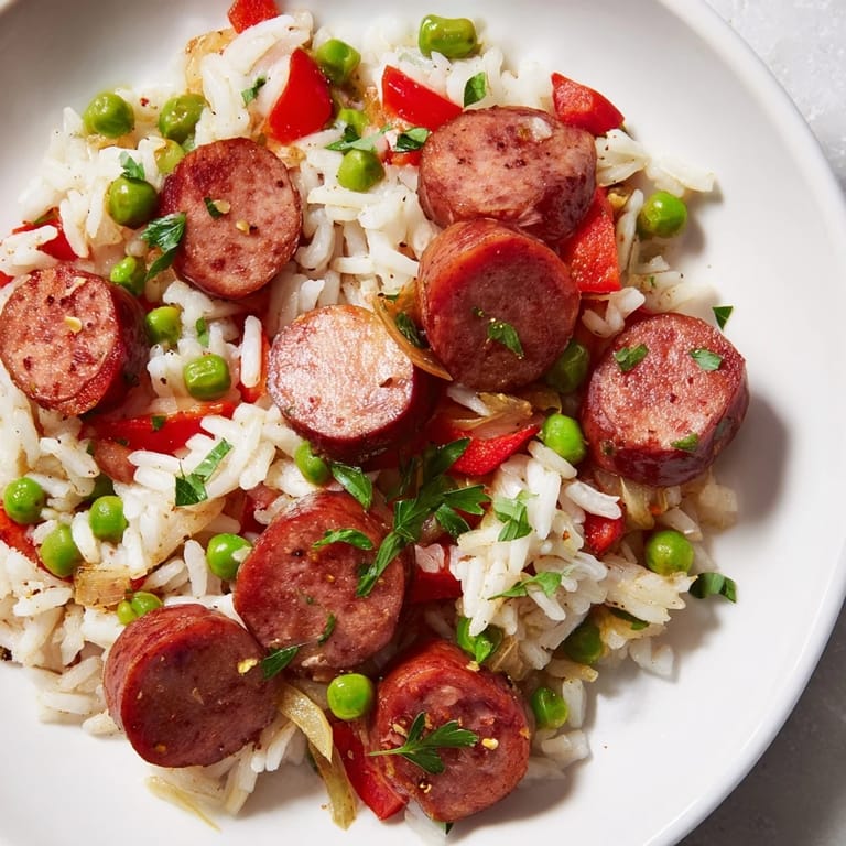 Savory One-Pot Sausage and Rice Skillet garnished with fresh parsley and colorful peppers.  