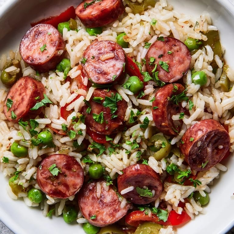 Hearty One-Pot Sausage and Rice Skillet steaming hot, perfect for a cozy meal.