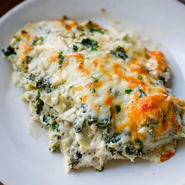 Savory Cheesy Spinach and Artichoke Bake served warm with crispy baguette slices.  
