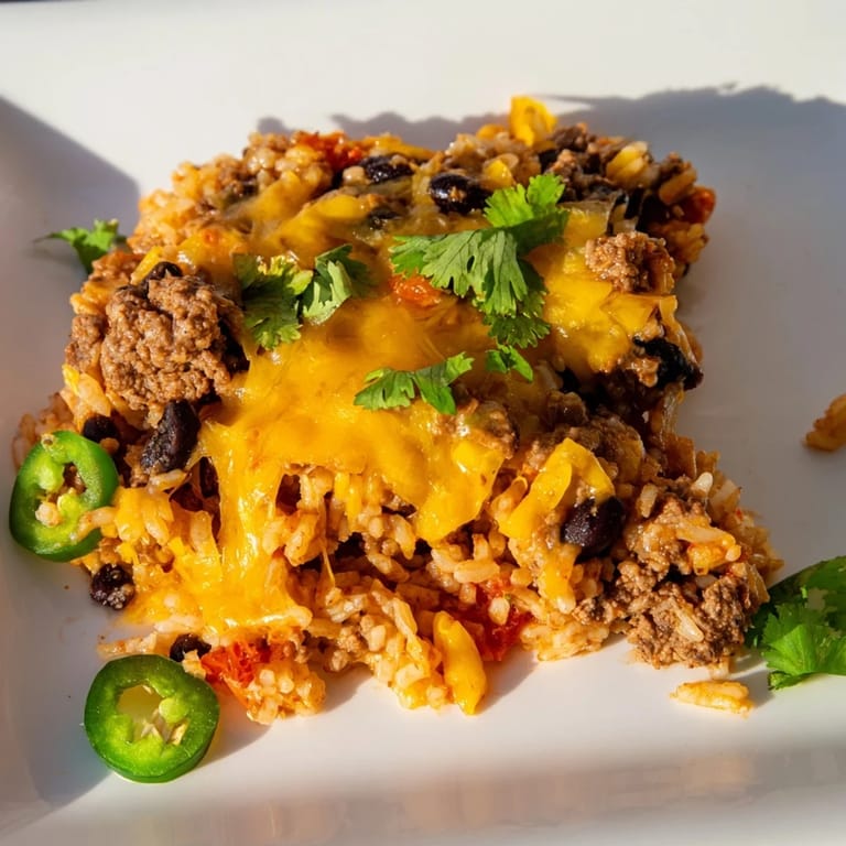 Hearty Tex-Mex beef and rice casserole, freshly baked and garnished with vibrant cilantro, awaiting a delicious bite.