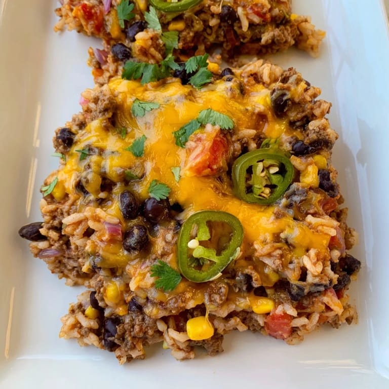 A bubbly, cheesy Tex-Mex beef & rice casserole with a golden crust, brimming with savory goodness.
