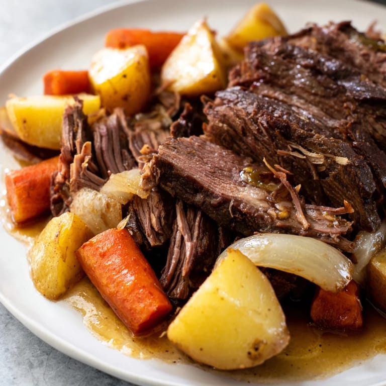 Golden-brown Sunday Pot Roast with carrots and potatoes, a comforting American classic, with savory aromas.