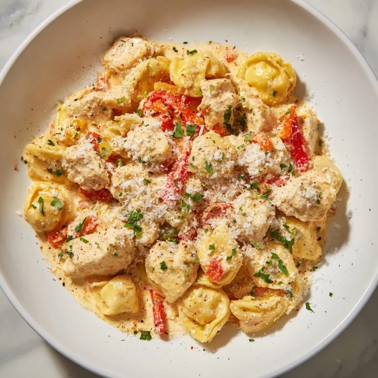 Looking down at a bowl of Zesty Cajun Garlic Parmesan Chicken Tortellini, garnished with fresh parsley.