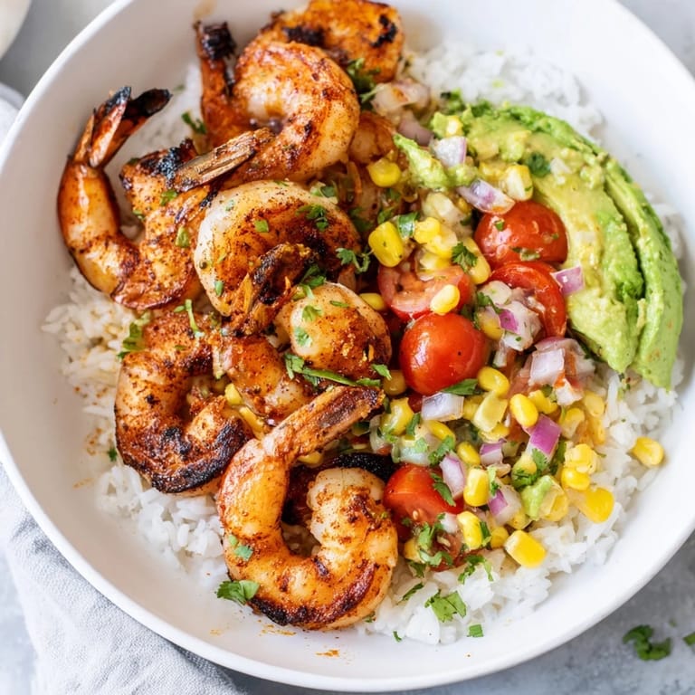 Vibrant image of Easy Grilled Shrimp Bowl with Avocado Corn Salsa, showcasing juicy shrimp and a creamy salsa.