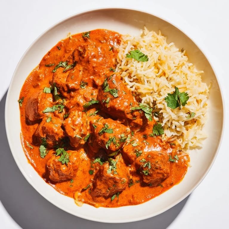 A close-up view of the Butter Chicken, glistening sauce over chicken, beside rice pilaf's aromatic steam.