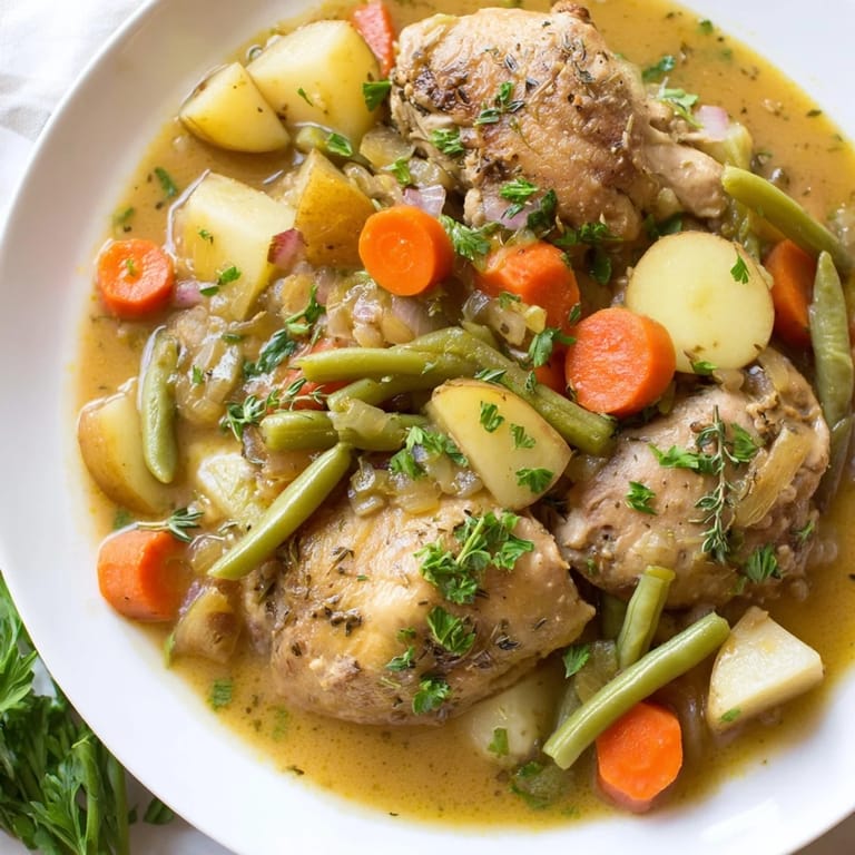 Tender chicken and colorful vegetables simmer in the slow-cooker; this delicious stew is ready.