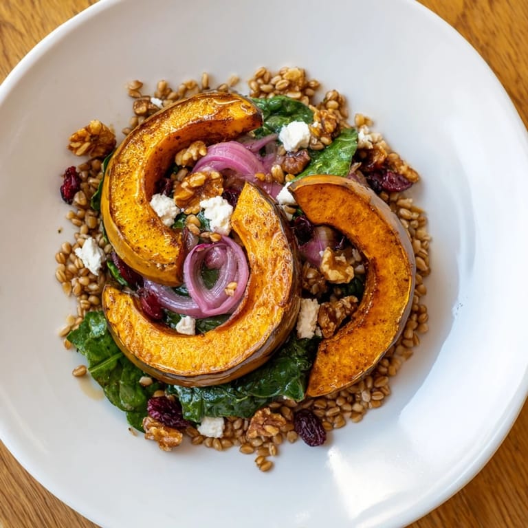 A close-up shot of the Farro & Mustard Green Salad with tender squash and creamy goat cheese.