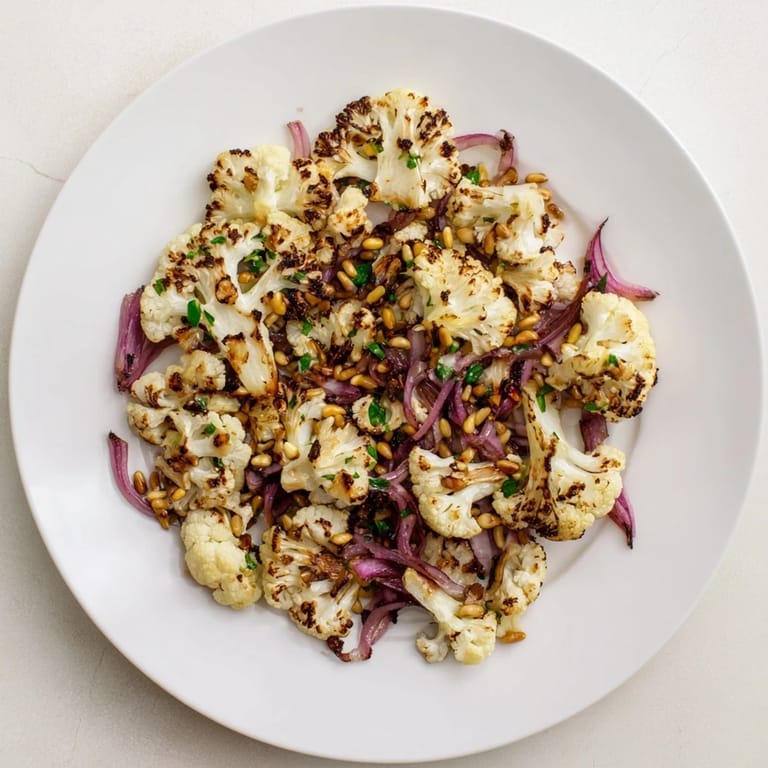 Fresh parsley tops a Warm Roasted Cauliflower Salad, drizzled with lemon dressing, ready to enjoy.