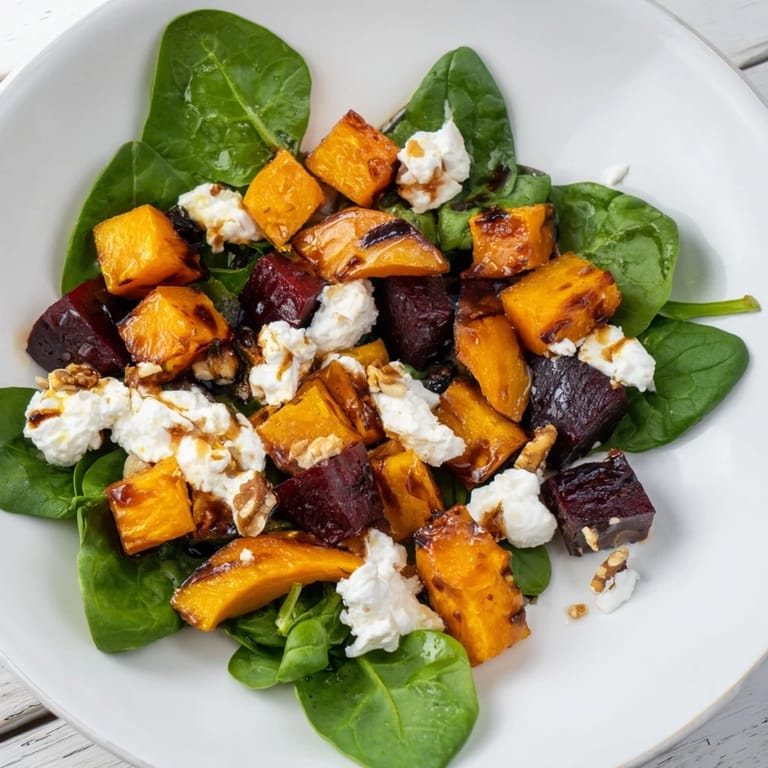 Savory Roasted Beet, Butternut & Spinach Salad, featuring balsamic dressing and crunchy walnuts, is ready to serve.