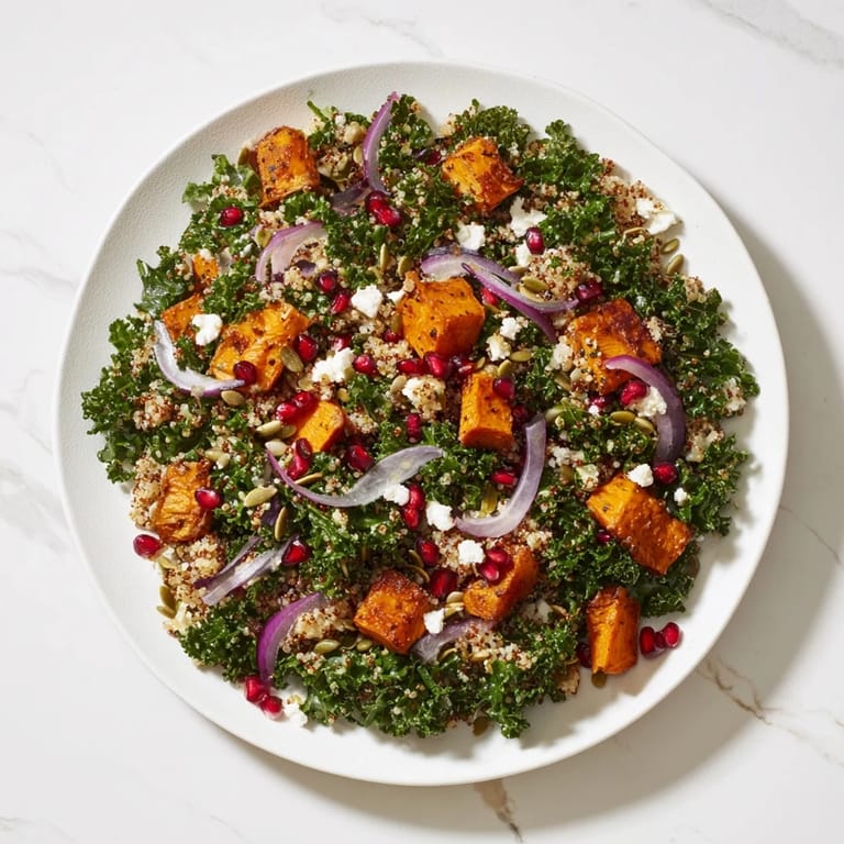 Vibrant close-up of the delicious Kale & Quinoa Salad, perfect for a light vegetarian lunch.