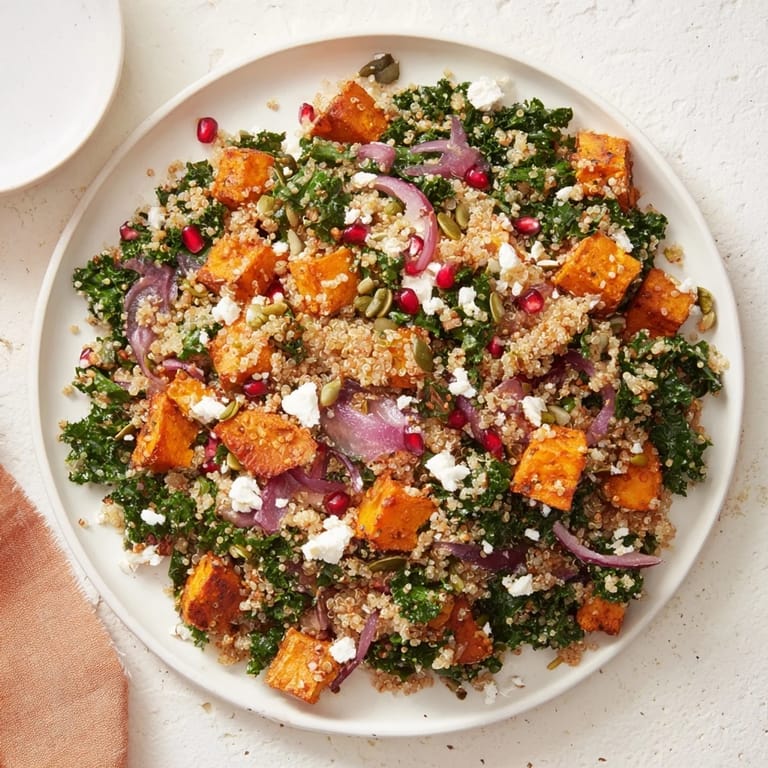 A colorful bowl of healthy Kale & Quinoa Salad: fluffy quinoa, sweet potato, and fresh herbs.