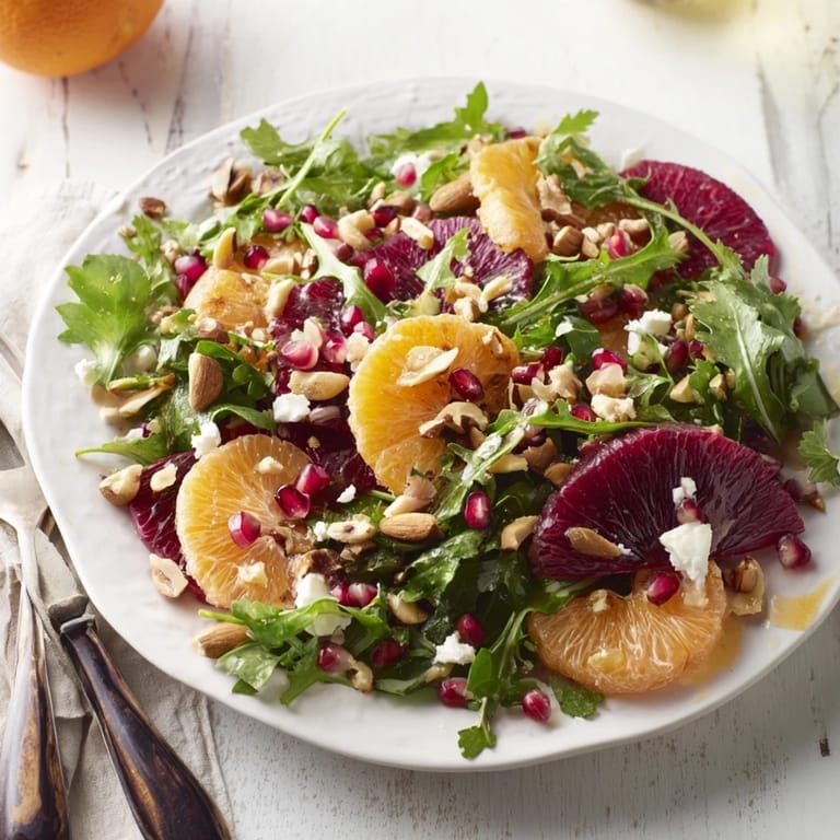 Vibrant Winter Greens Salad featuring juicy citrus fruit, ruby pomegranate seeds, and crunchy toasted nuts.