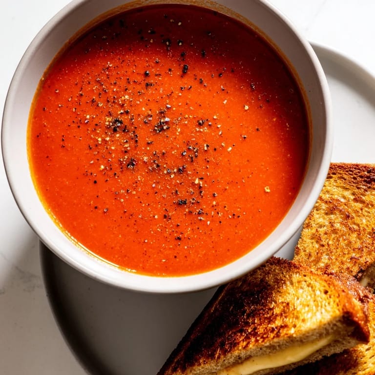 A close-up of the comforting 5-Ingredient Tomato Soup & Grilled Cheese combination, ready to eat and enjoy.