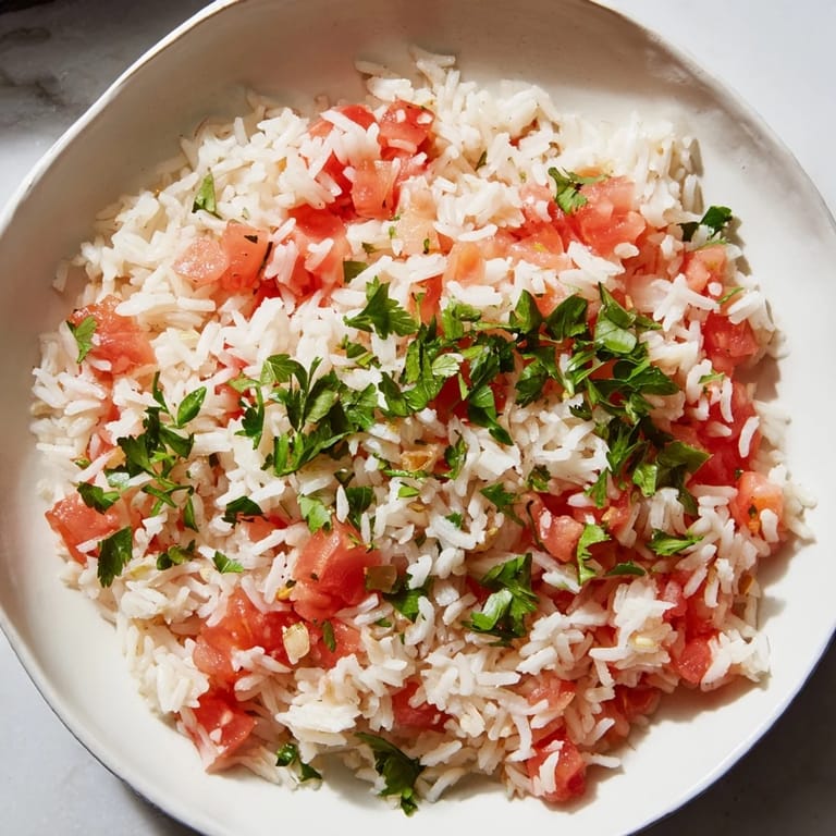 A close-up of a delicious Tomato-Rice Skillet Dinner, ready to serve with fresh parsley for a comforting vegetarian dinner.