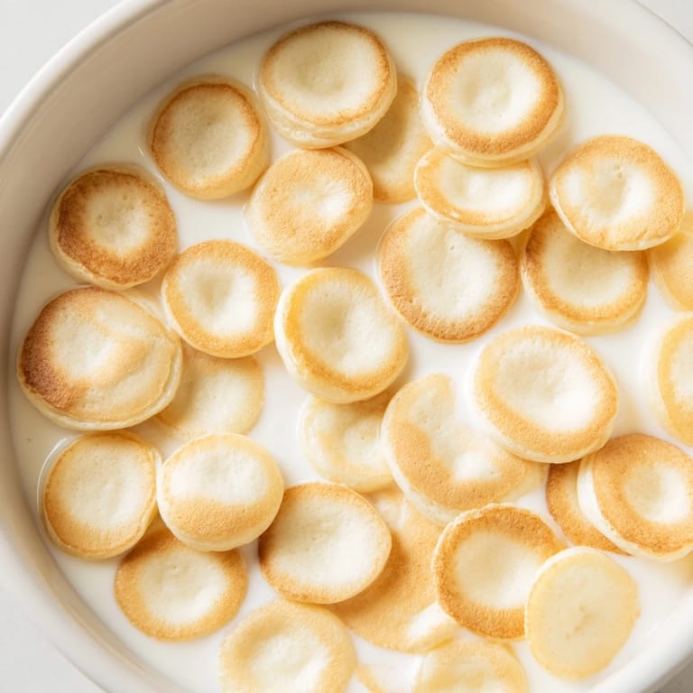 Miniature pancake cereal: a delightful American breakfast served in a cozy bowl, ready to eat.