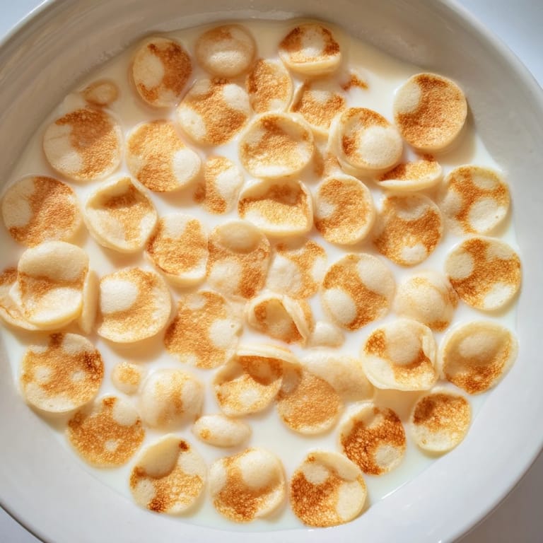 Close-up of golden pancake cereal, a trendy, bite-sized breakfast treat, ready to drizzle.