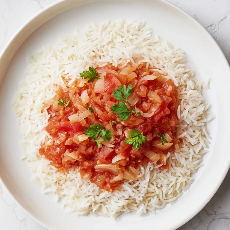 Flavorful Tomato-Rice Skillet Dinner, simmering in a skillet, offering a comforting aroma and easy one-pan cooking.