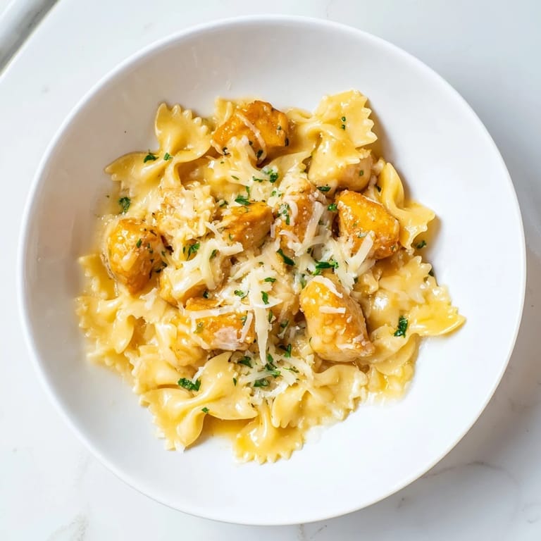 A close-up view of creamy Mozzarella Garlic Butter Chicken Bowties, savory and comforting on a plate.
