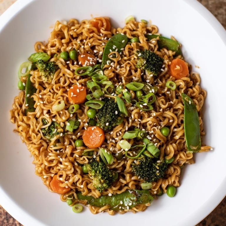 A bowl of fresh ramen noodle stir-fry remix, topped with sesame seeds, ready to eat.