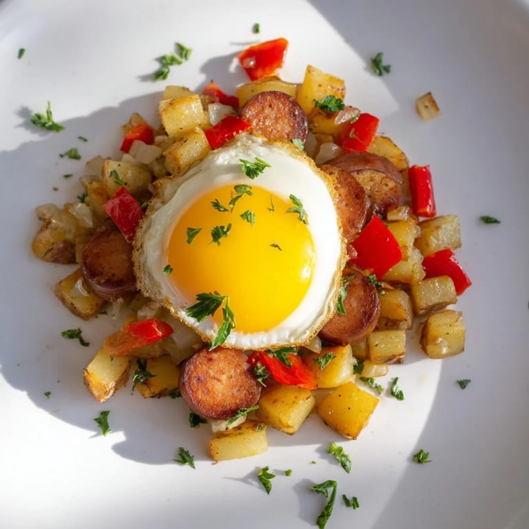 Imagine warm, flavorful Egg & Potato Hash: this delightful dish includes hot dogs and soft eggs.