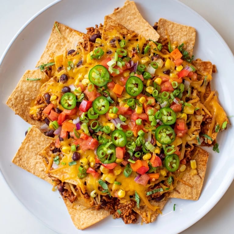 Appetizing sheet-pan nachos with bubbly melted cheddar and bean topping, ready for a comforting meal.