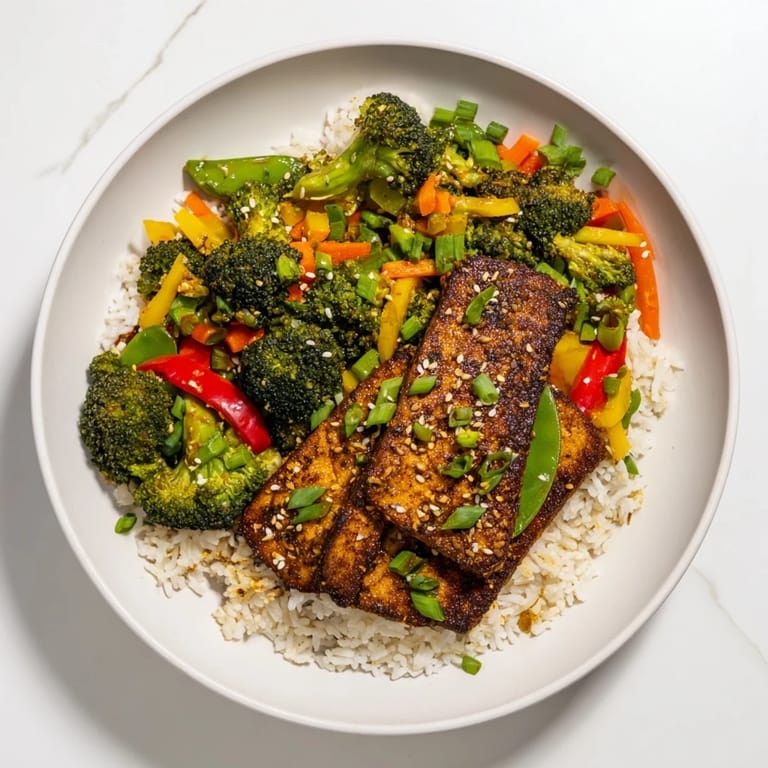 A complete vegan meal: Crispy Pressed Tofu Steaks with vibrant vegetables and a bed of fluffy white rice.