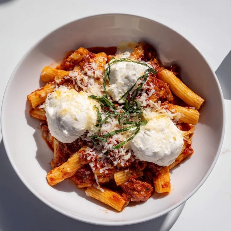 Golden-brown One-Pan Baked Ziti, showcasing a creamy ricotta swirl within a rich tomato sauce.