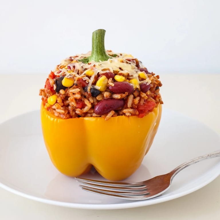 Close-up of baked stuffed bell peppers, showcasing colorful filling and tender, cooked vegetables.