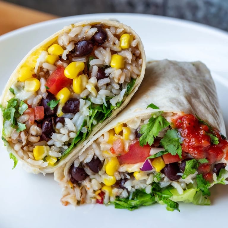 A close-up shot of a cheesy and delicious Rice & Bean Burrito, bursting with colorful fillings.