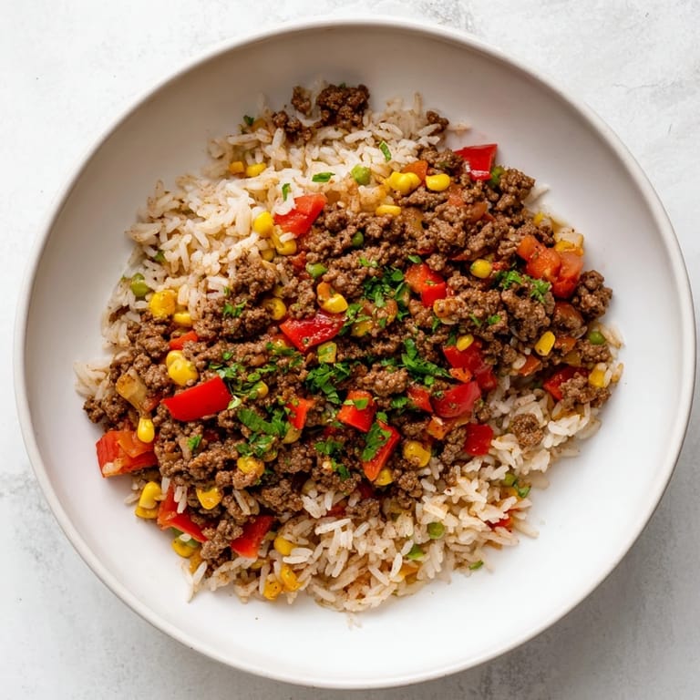 Steaming Ground Beef Skillet with Veggies & Rice, featuring tender rice and colorful vegetables ready to eat.