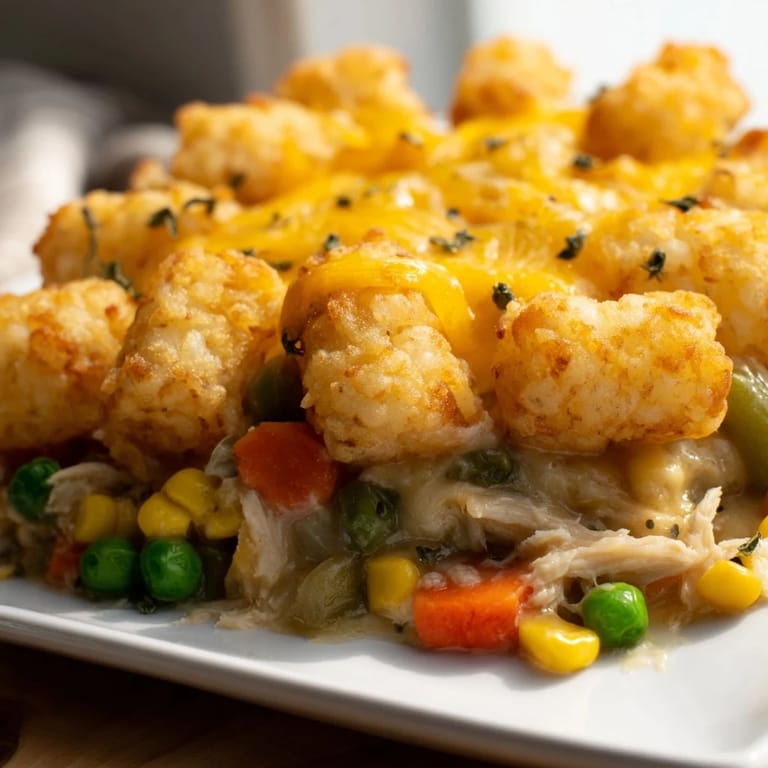 A bubbling dish of Tater Tot Chicken Pot Pie, showcasing tender chicken and vegetables beneath crispy potatoes.