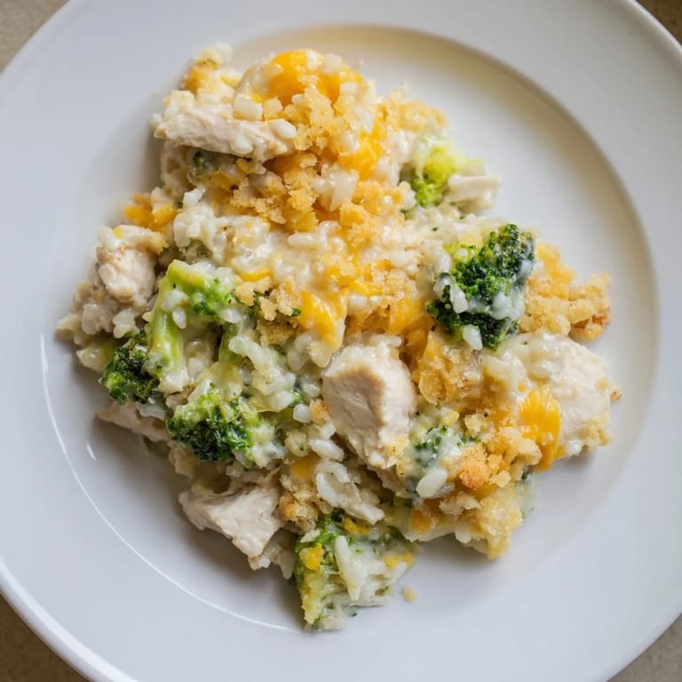 Steaming hot Chicken & Broccoli Rice Casserole from the oven, with tender chicken and fluffy rice.