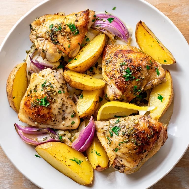 Sheet pan of Greek Lemon Chicken and Potatoes, perfectly crisp chicken with tender, seasoned potatoes.