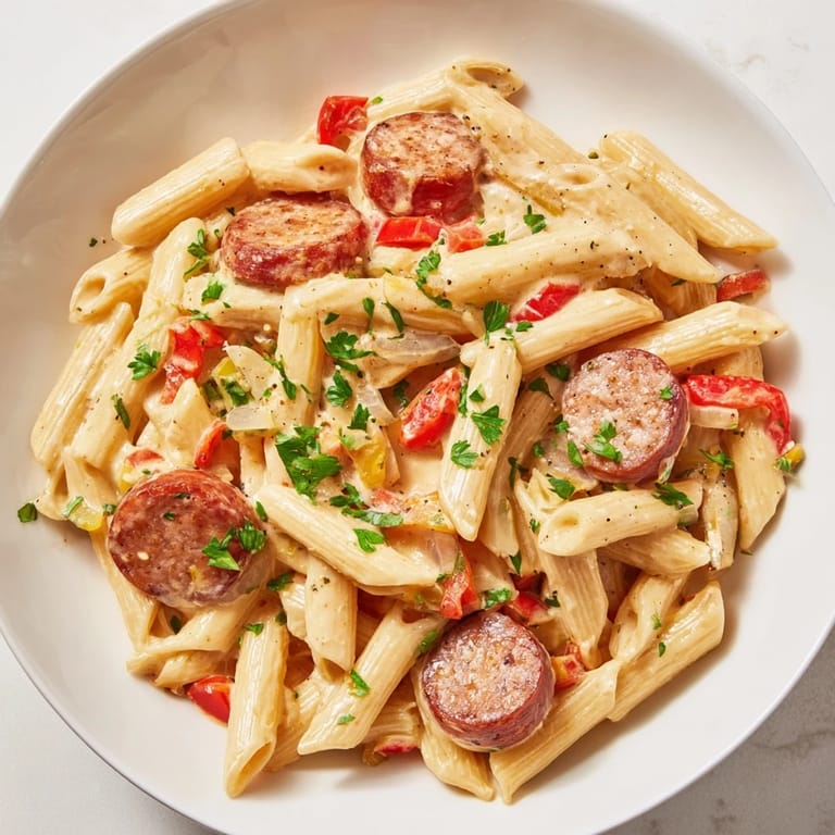 A close-up of a flavorful Cajun Spiced Smoked Sausage Alfredo pasta dish garnished with parsley.