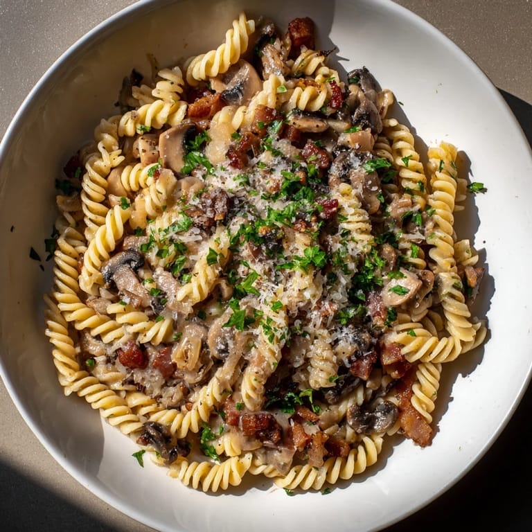 Close-up of golden brown fusilli with bacon, onions, and mushrooms; savory and delicious.