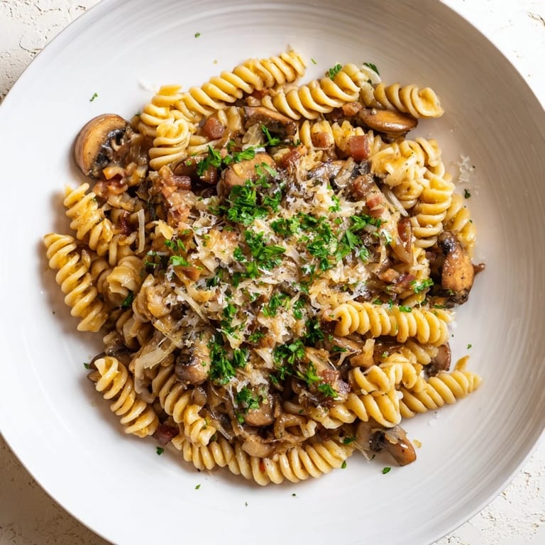 Fusilli with bacon, onions, and mushrooms: a hearty pasta dish with crispy bacon crumbles and Parmesan.