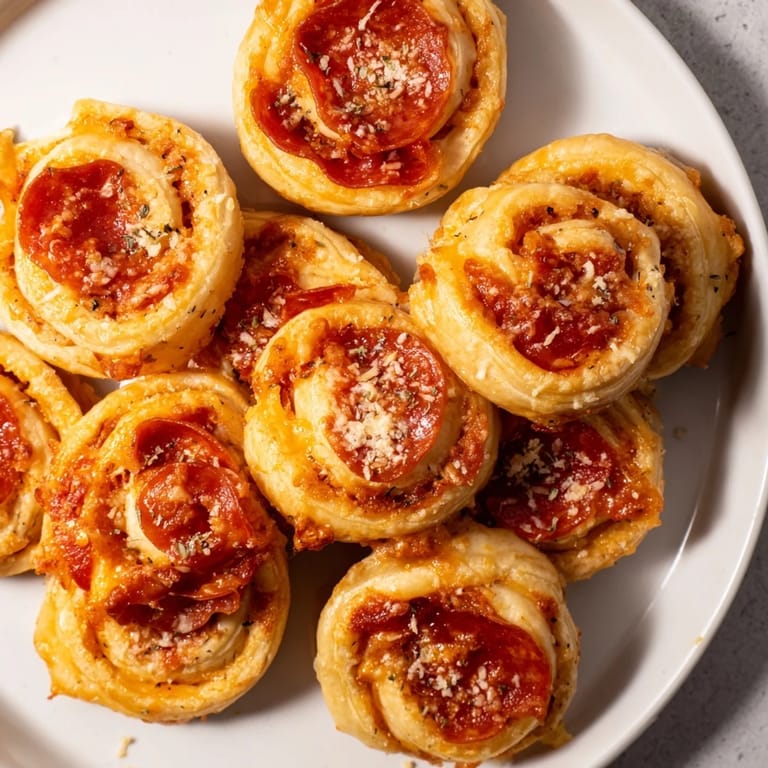 A close-up of delicious Mini Pepperoni Pizza Pinwheels, showing off flaky pastry and savory pepperoni topping.