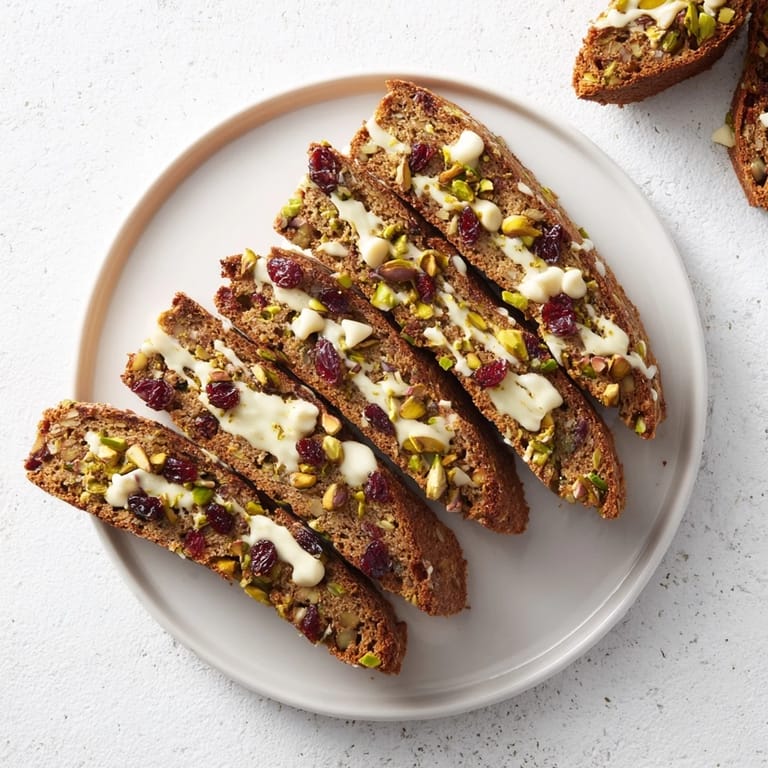 Freshly baked White Chocolate Cranberry Pistachio Biscotti, photographed with pistachios, ready for dipping in warm coffee.